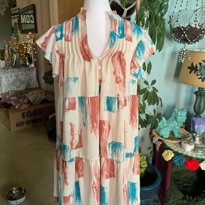 Source Unknown Cream Midi Dress with Coral and Teal Brushstroke Print